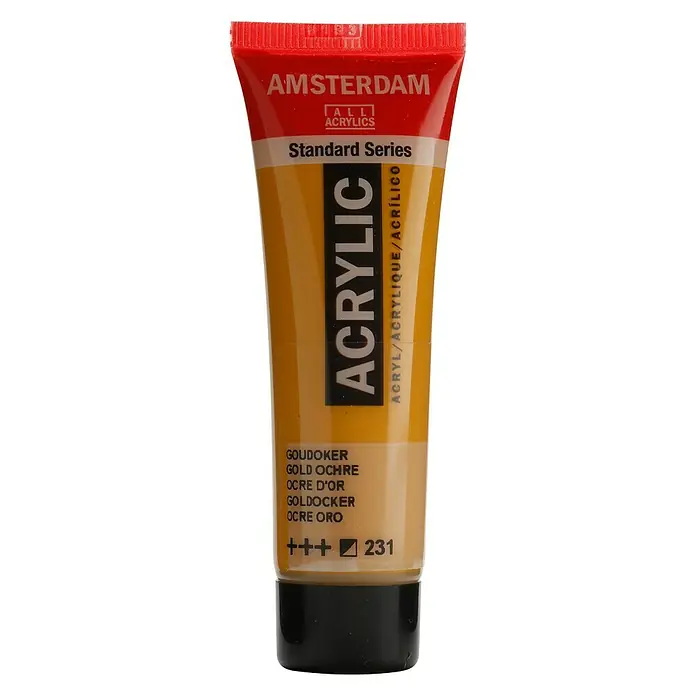 Talens Amsterdam Pintura acrílica Standard - Ocre oro, 20 ml, Tubo - Primer plano de un tubo de pintura acrílica Amsterdam, Standard Series, en color Ocre Oro, ideal para artistas y aficionados.