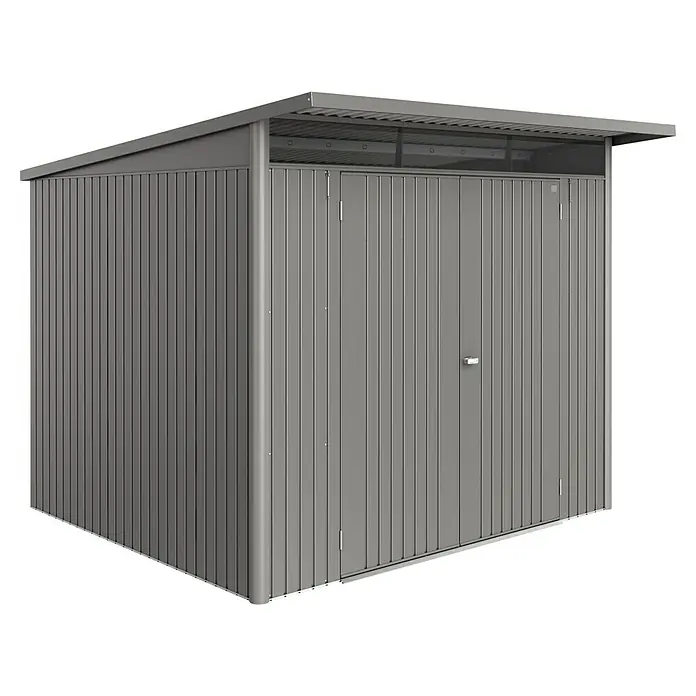 Biohort AvantGarde Gerätehaus Eco A6 - Außenmaß inkl. Dachüberstand (B x T): 260 x 260 cm, Quarzgrau Metallic, Doppeltür, Stahl - Ein graues Metallgerätehaus mit Doppeltür und einem leicht geneigten Dach für den Garten oder den Hinterhof.