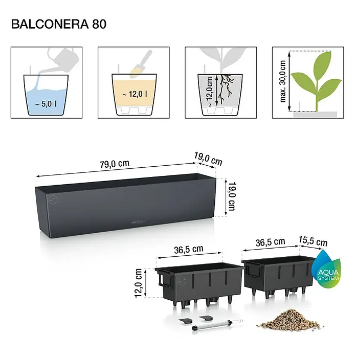 Lechuza Balconera Balkonkasten Stone - Max. Außenlänge: 79 cm, Steingrau - Abbildung des Pflanzkastens Balconera 80 mit Größenangaben und Füllmengenangaben für Wasser und Pflanzerde.