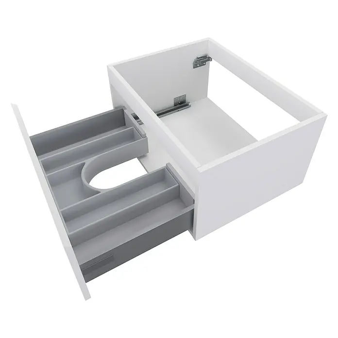 Camargue Espacio Waschtischunterschrank - 60 x 46 x 30 cm, Gama weiß matt - Aufnahme eines weißen Badezimmerschranks mit zwei ausziehbaren Schubladen in Grautönen, die einen guten Überblick über den Inhalt ermöglichen.