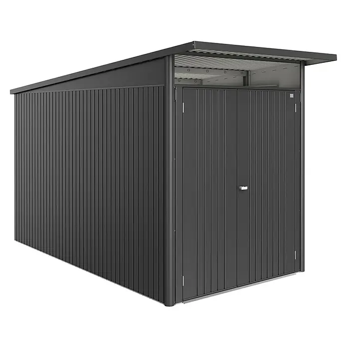 Biohort AvantGarde Gerätehaus Eco A4 - Außenmaß inkl. Dachüberstand (B x T): 180 x 380 cm, Dunkelgrau Metallic, Doppeltür, Stahl - Abbildung eines modernen, anthrazitfarbenen Gerätehauses mit Lamellenstruktur und einem Flachdach für den Außenbereich.