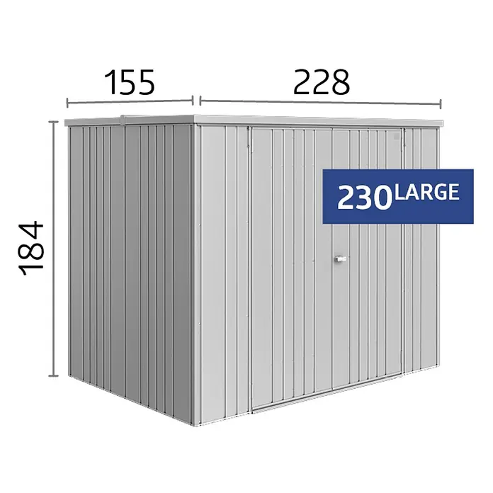 Biohort Geräteschrank - Außenbreite inkl. Dachüberstand: 228 cm, Außentiefe inkl. Dachüberstand: 155 cm, Stahl, Quarzgrau - Abbildung eines Gartenhauses mit den Maßen 155x228x184 cm, Modell 230 Large.