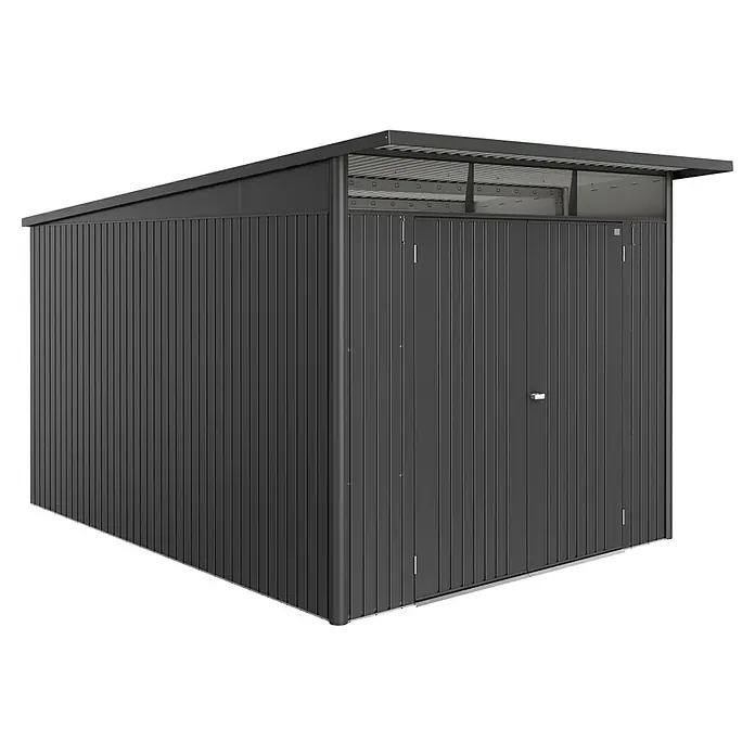 Biohort AvantGarde Gerätehaus - Außenmaß inkl. Dachüberstand (B x T): 260 x 380 cm, Dunkelgrau Metallic, Doppeltür, Stahl - Das Bild zeigt ein modernes, anthrazitfarbenes Gerätehaus mit einer markanten Dachkonstruktion, ideal zur Aufbewahrung von Gartengeräten.