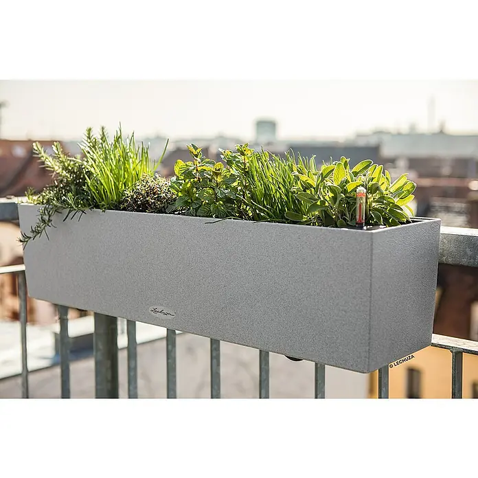 Lechuza Balconera Balkonkasten Stone - Max. Außenlänge: 79 cm, Steingrau - Ein grauer LECHUZA Balkonkasten mit verschiedenen Kräutern, der an einem Balkongeländer befestigt ist. Ein Bewässerungsanzeiger ist sichtbar.