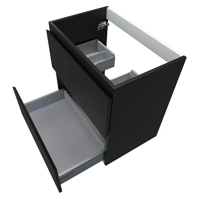 Camargue Espacio Waschtischunterschrank - 60 x 40 x 60 cm, 2 Schubkästen, Gama anthrazit matt - Schwarzer Badezimmerschrank mit zwei Schubladen, von denen eine geöffnet ist, und einem Fach für Kosmetikartikel. Schlicht und modern.