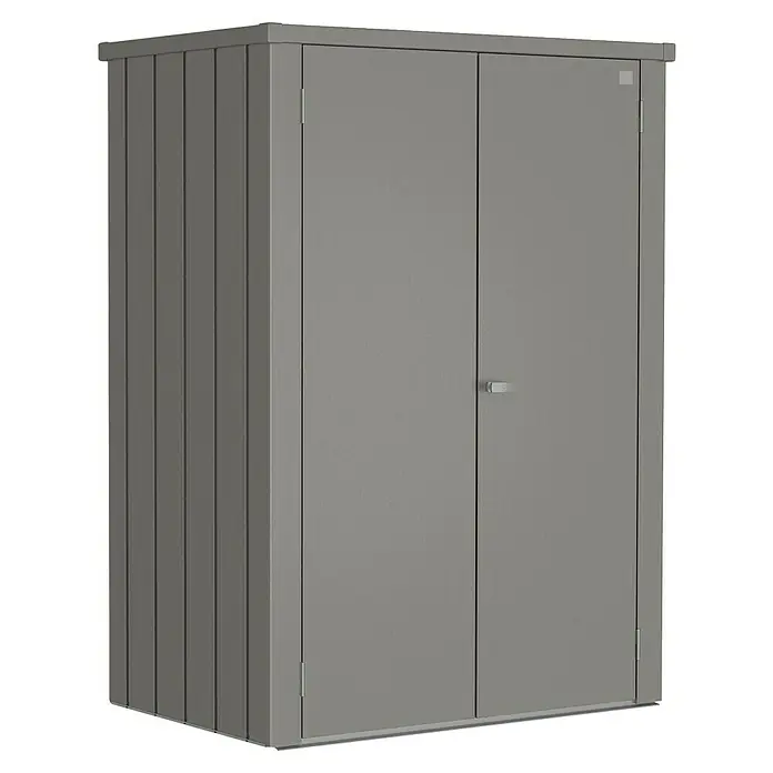 Biohort Romeo Gerätehaus - Außenmaß inkl. Dachüberstand (B x T): 132 x 87 cm, Stahl, Quarzgrau-Metallic - Grauer Metall-Gartenschrank mit zwei Türen und vertikalen Akzenten an der Seite, ideal für die Aufbewahrung im Freien.