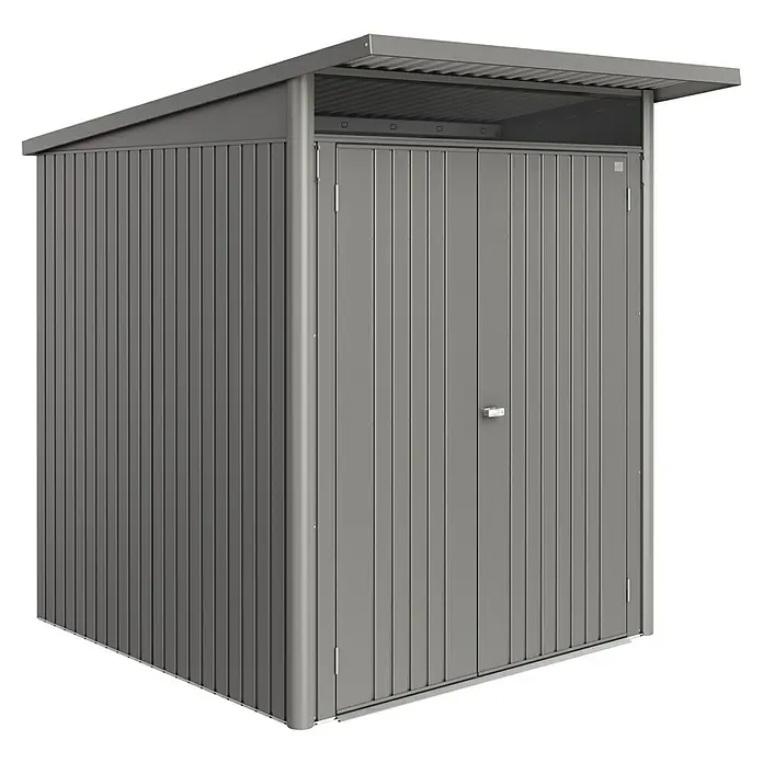 Biohort AvantGarde Gerätehaus - Außenmaß inkl. Dachüberstand (B x T): 180 x 220 cm, Quarzgrau Metallic, Doppeltür, Stahl - Ein geräumiger, grauer Metallgeräteschuppen mit Doppeltür und einem robusten, überdachten Dach. Ideal für die Gartenaufbewahrung.