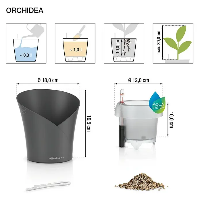 Lechuza Orchideentopf Orchidea All-In-One - Außenmaß (Ø x H): 18 x 20 cm, Weiß - Abbildung eines Orchideentopfes mit Bewässerungssystem und Messangaben.