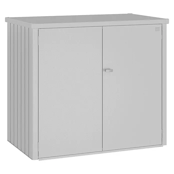 Biohort Mülltonnenbox Alex - Silber-Metallic - Abbildung eines grauen, abschließbaren Metall-Geräteschranks für den Außenbereich, ideal zur Aufbewahrung von Gartengeräten und Werkzeugen.