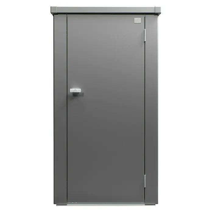 Biohort Julia Geräteschrank - Außenbreite inkl. Dachüberstand: 78 cm, Außentiefe inkl. Dachüberstand: 57 cm, Stahl - Eine hochwertige, graue Kühlraumtür, ideal für gewerbliche Anwendungen, mit robustem Griff und stabilen Scharnieren für zuverlässige Leistung.