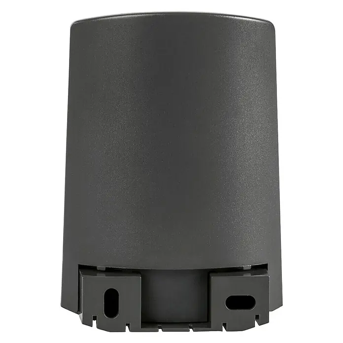 Homematic IP Funk-Temperatursensor HmIP-STHO-A - Anthrazit, 5,9 x 8,2 x 4,1 cm, Batteriebetrieben, IP44 - Eine graue, zylinderförmige Außenleuchte mit Montagehalterung im unteren Bereich. Geeignet für die Wandmontage im Außenbereich.