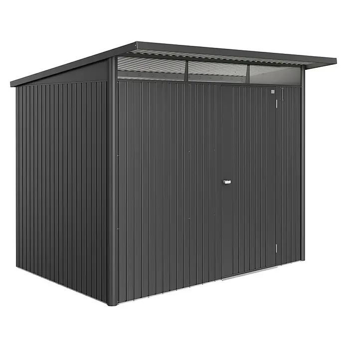 Biohort AvantGarde Gerätehaus - Außenmaß inkl. Dachüberstand (B x T): 260 x 220 cm, Einzeltür, Stahl - Das Bild zeigt einen schwarzen Gerätehaus mit einer Tür. Der Schuppen hat ein schräges Dach und ist aus Metall.