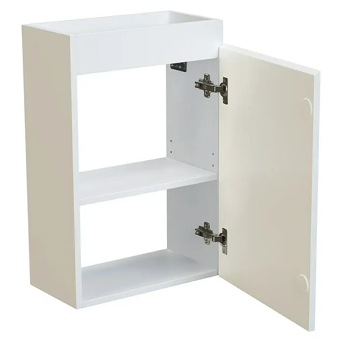 Camargue Espacio Waschtischunterschrank - 40 x 22 x 60 cm, Gama weiß matt - Foto eines weißen Hängeschranks mit offener Tür, der zwei Regale zeigt und ideal für Badezimmer oder andere Räume ist.