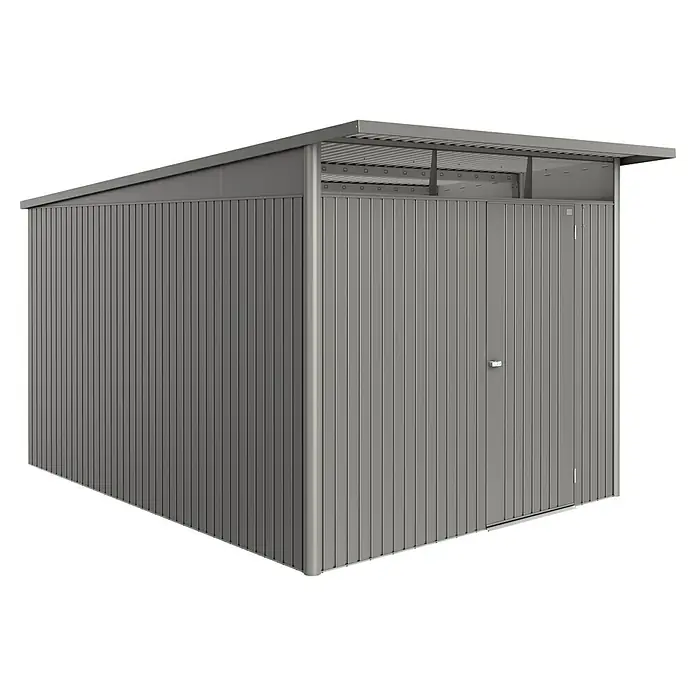 Biohort AvantGarde Gerätehaus - Außenmaß inkl. Dachüberstand (B x T): 260 x 380 cm, Quarzgrau Metallic, Einzeltür, Stahl - Metall-Gartenschrank in Grau mit Doppeltür und Überdachung. Ideal zur Aufbewahrung von Gartengeräten.