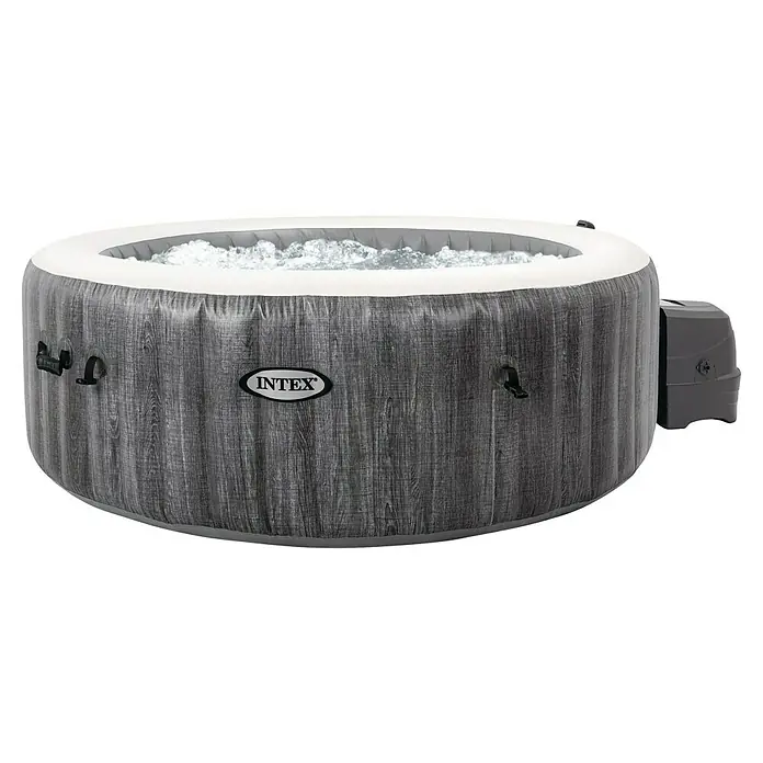Intex Pure Spa Mobil-Whirlpool Greywood Deluxe Bubble - Ø x H: 196 x 71 cm, Grau, 795 l - Abbildung eines Intex Whirlpools mit grauem Holzmaserungs-Design und integriertem Bedienfeld, gefüllt mit Wasser.