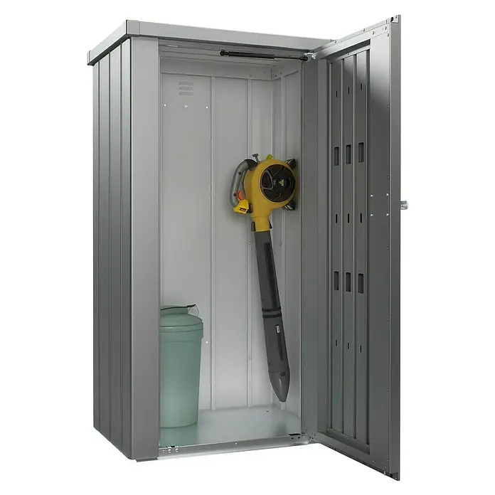 Biohort Julia Geräteschrank - Außenbreite inkl. Dachüberstand: 78 cm, Außentiefe inkl. Dachüberstand: 57 cm, Stahl, Quarzgrau Metallic - Gerätehaus mit Gartengeräten.