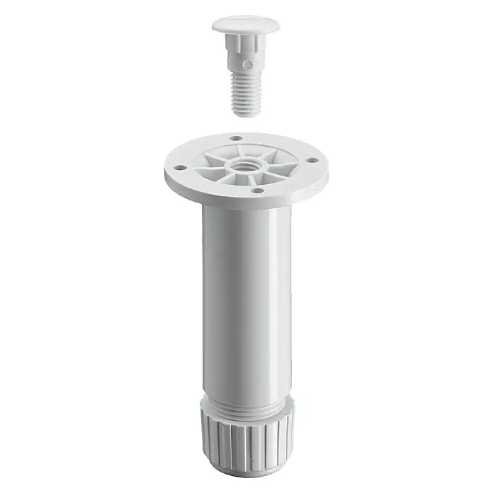 Hettich Sockelverstellfuß - Verstellbar: 100 mm - 110 mm, Durchmesser: 30 mm, Weiß - Bild einer weißen, höhenverstellbaren Möbelfuß mit Schraube, ideal für Schränke und Tische, um eine stabile und anpassbare Basis zu bieten.