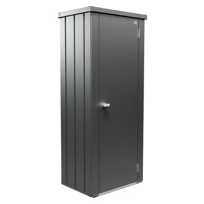 Biohort Julia Geräteschrank - Außenbreite inkl. Dachüberstand: 78 cm, Außentiefe inkl. Dachüberstand: 57 cm, Stahl, Dunkelgrau Metallic - Grauer Gartenschrank aus Metall mit Griff und vertikalen Linien für den Außenbereich.