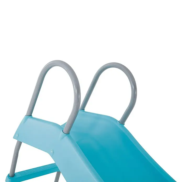 Intex Rutsche - L x B x H: 251 x 84 x 147 cm, Kunststoff, Himmelblau/Grau - Nahaufnahme einer blauen Kinderrutsche mit grauen Griffen vor schwarzem Hintergrund.