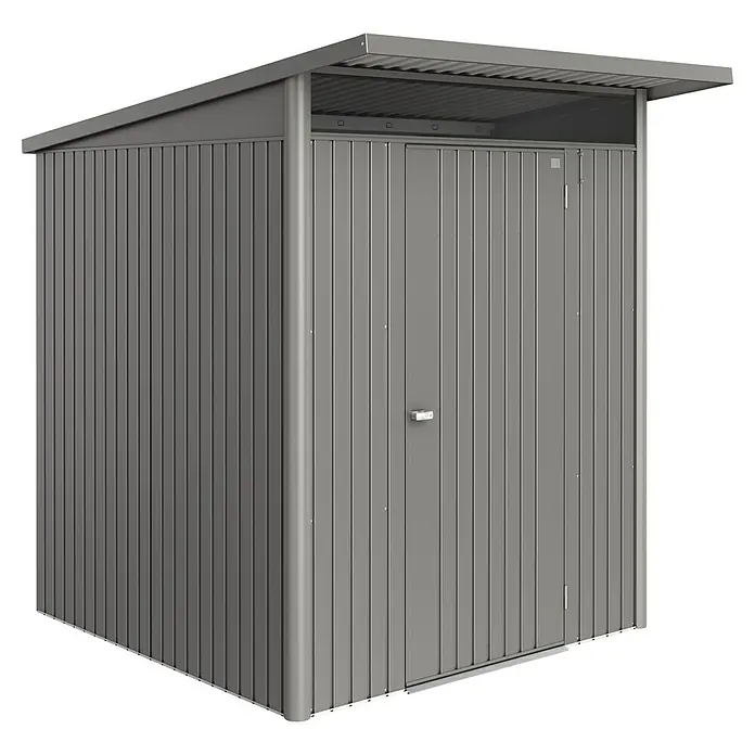Biohort AvantGarde Gerätehaus - Außenmaß inkl. Dachüberstand (B x T): 180 x 220 cm, Quarzgrau Metallic, Einzeltür, Stahl - Ein grauer Metall-Geräteschuppen mit einer einzelnen Tür und einem überdachten Vordach, ideal für die Gartenaufbewahrung.