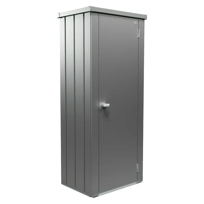 Biohort Julia Geräteschrank - Außenbreite inkl. Dachüberstand: 78 cm, Außentiefe inkl. Dachüberstand: 57 cm, Stahl, Quarzgrau Metallic - Abbildung eines anthrazitfarbenen Gerätehauses aus Metall mit einer Tür und einem Griff. Ideal zur Aufbewahrung von Gartengeräten.