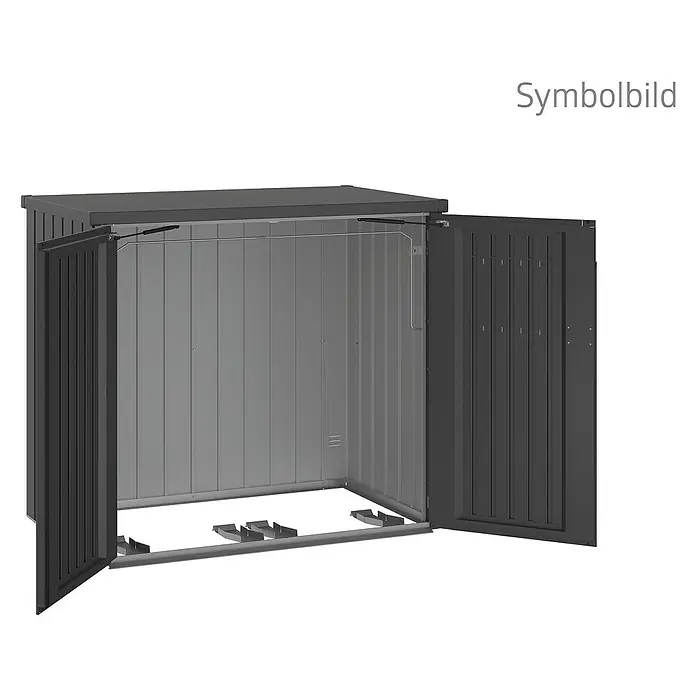 Biohort Mülltonnenbox Alex - Dunkelgrau-Metallic - Abbildung eines Metallgartenhauses mit Doppeltüren, ideal zur Aufbewahrung von Gartengeräten.