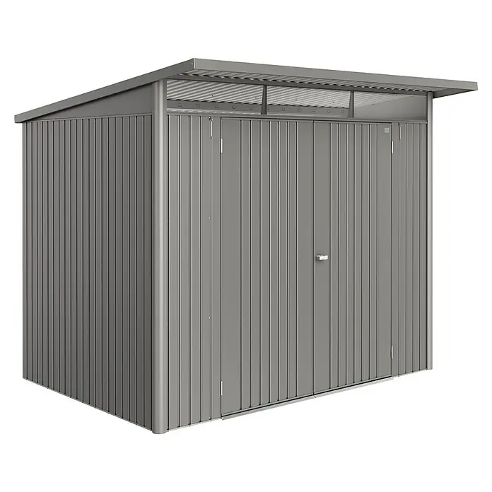 Biohort AvantGarde Gerätehaus Eco A5 - Außenmaß inkl. Dachüberstand (B x T): 260 x 220 cm, Quarzgrau Metallic, Doppeltür, Stahl - Ein geräumiger, grauer Metall-Gartenschrank mit Doppeltür und überdachtem Bereich, ideal für die Aufbewahrung von Gartengeräten.