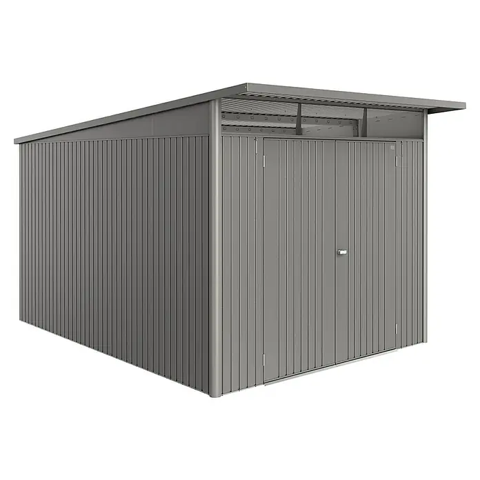 Biohort AvantGarde Gerätehaus - Außenmaß inkl. Dachüberstand (B x T): 260 x 380 cm, Quarzgrau Metallic, Doppeltür, Stahl - Ein geräumiger Geräteschuppen aus Metall mit Doppeltür und überdachtem Bereich für zusätzlichen Stauraum im Garten.