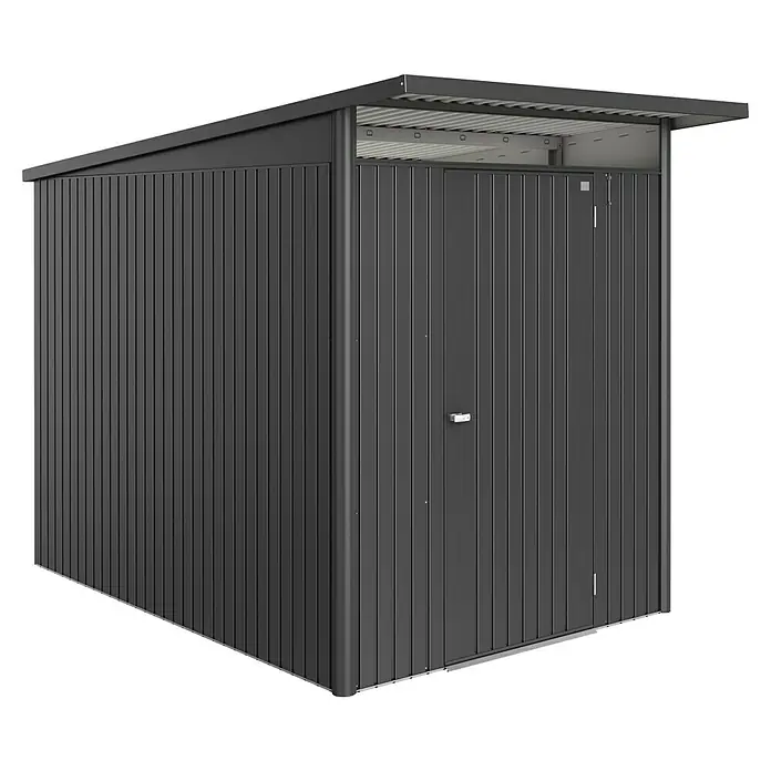 Biohort AvantGarde Gerätehaus Eco A3 - Außenmaß inkl. Dachüberstand (B x T): 180 x 300 cm, Dunkelgrau Metallic, Einzeltür, Stahl - Abbildung eines modernen Gerätehauses in Anthrazit, ideal für die Aufbewahrung von Gartengeräten und Werkzeugen.