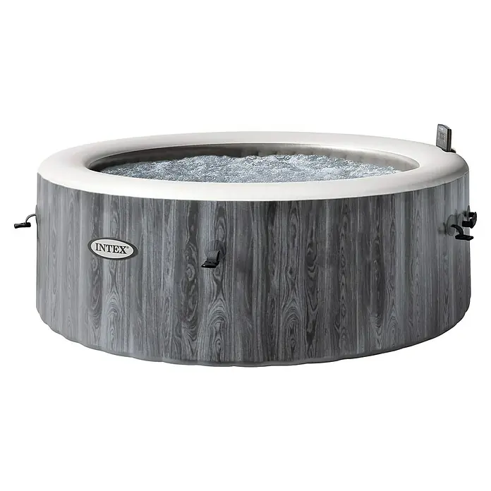 Intex Pure Spa Hidromasaje móvil Greenwood - Ø x Al: 196 x 71 cm, Gris/Blanco, 795 l - Un jacuzzi gris Intex con paneles simil madera y panel de control. Ideal para relajarse en tu propio jardín.