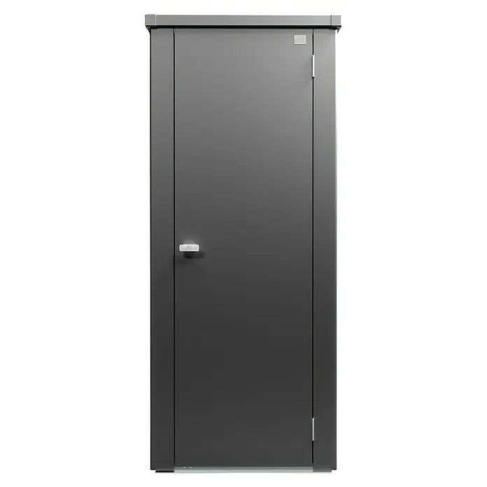 Biohort Julia Geräteschrank - Außenbreite inkl. Dachüberstand: 78 cm, Außentiefe inkl. Dachüberstand: 57 cm, Stahl, Dunkelgrau Metallic - Graue Metalltür mit Griff und Scharnieren. Ideal für Industrie- und Lageranwendungen.