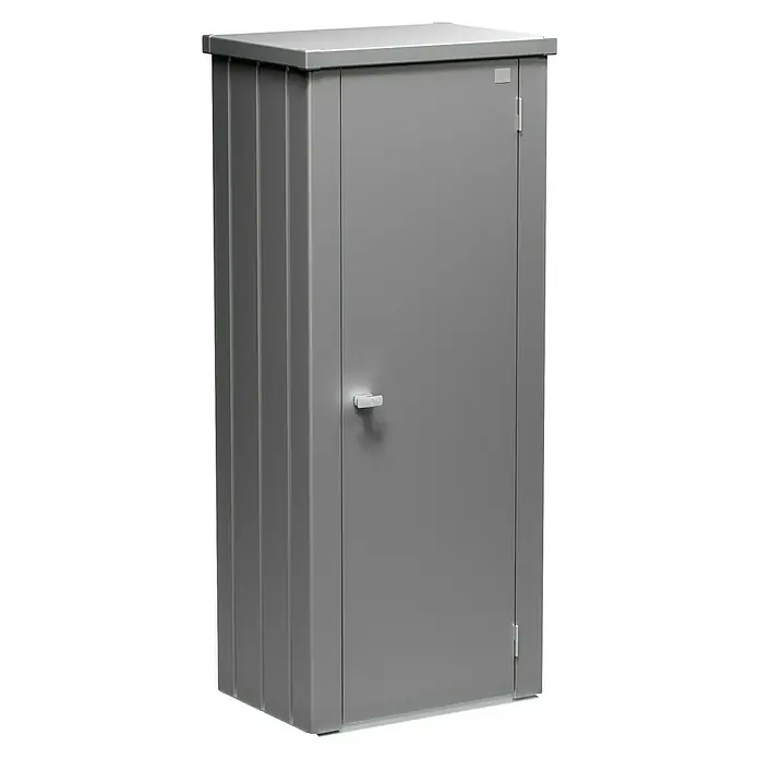 Biohort Julia Geräteschrank - Außenbreite inkl. Dachüberstand: 78 cm, Außentiefe inkl. Dachüberstand: 57 cm, Stahl, Quarzgrau Metallic - Grauer Metall-Geräteschuppen mit Tür und Griff zur sicheren Aufbewahrung von Gartengeräten und Werkzeugen im Außenbereich.