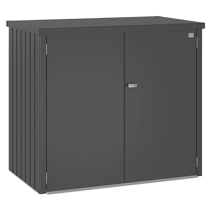 Biohort Mülltonnenbox Alex - Dunkelgrau-Metallic - Ein geräumiger, anthrazitfarbener Geräteschrank mit Doppeltüren bietet viel Stauraum für Gartenwerkzeug und Geräte.