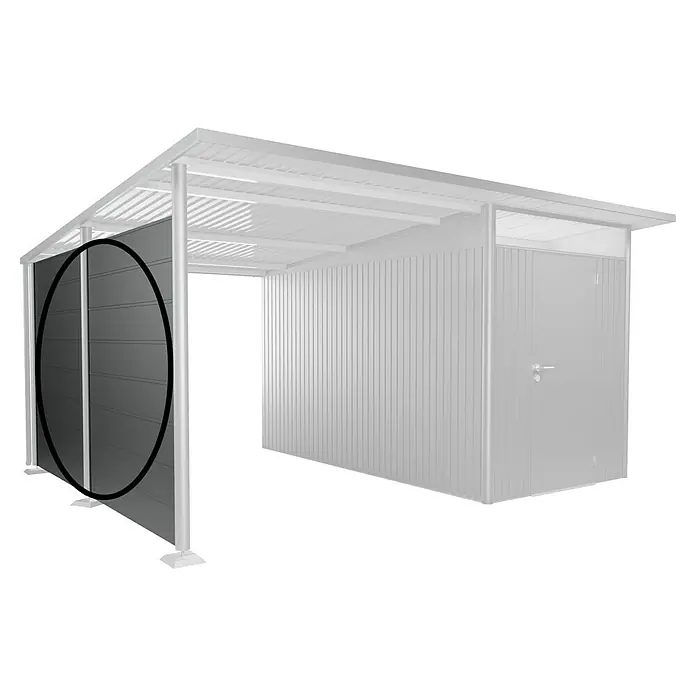 Biohort AvantGarde Seitenwand - Passend für: Biohort AvantGarde Seitendach, B x H: 318 x 182 cm, Quarzgrau-Metallic - Abbildung einer modernen Gerätehaus-Konstruktion mit Metallstruktur und dunklen Seitenwänden, ideal für Garten oder Werkstatt.