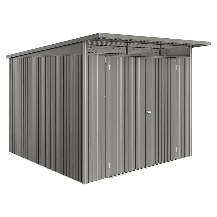 Biohort AvantGarde Gerätehaus Eco A7 - Außenmaß inkl. Dachüberstand (B x T): 260 x 300 cm, Quarzgrau Metallic, Doppeltür, Stahl - Metallgartenhaus in modernem Grau. Das Gartenhaus ist robust und bietet viel Stauraum für Gartengeräte und -möbel. Praktischer Wetterschutz.