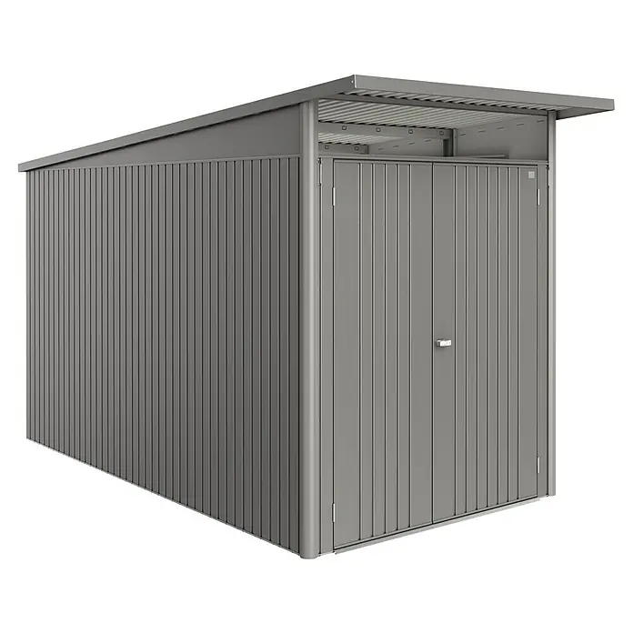 Biohort AvantGarde Gerätehaus Eco A4 - Außenmaß inkl. Dachüberstand (B x T): 180 x 380 cm, Quarzgrau Metallic, Doppeltür, Stahl - Abbildung eines grauen Gerätehauses mit Lamellentüren und Dach, ideal zur Aufbewahrung von Gartengeräten und Fahrrädern.