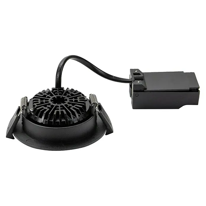 Brumberg LED-Einbauleuchte rund - Ø x H: 8 x 3 cm, Weiß, Warmweiß, 1 Stk. - Nahaufnahme einer schwarzen LED-Einbauleuchte mit Kühlkörper und elektronischem Vorschaltgerät, ideal für moderne Beleuchtungslösungen.
