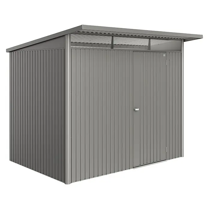 Biohort AvantGarde Gerätehaus - Außenmaß inkl. Dachüberstand (B x T): 260 x 220 cm, Quarzgrau Metallic, Einzeltür, Stahl - Das Bild zeigt ein graues, metallisches Gerätehaus mit einem schrägen Dach. Das Gerätehaus hat eine Tür und ist für den Außenbereich konzipiert.