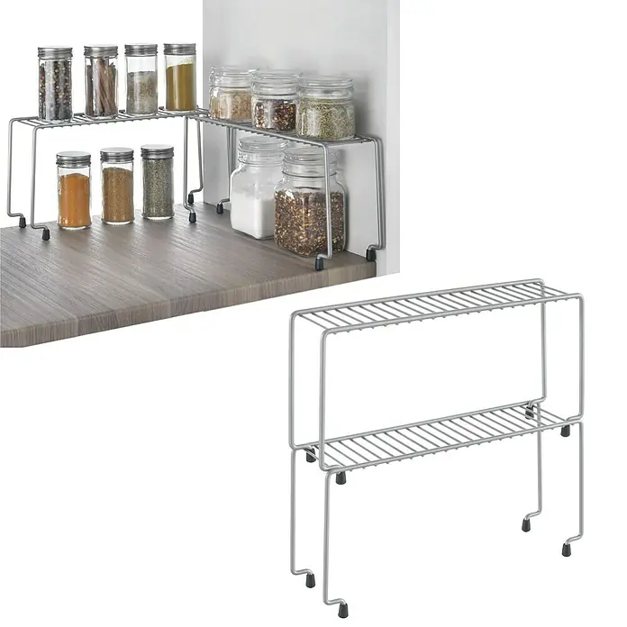 Metaltex Gewürzregal Spice Bridge - L x B x H: 29 x 7 x 14 cm, Anzahl Böden: 1 Stk., 2 Stk. - Ein zweistufiges, silbernes Gewürzregal aus Metall, das ideal für die Organisation von Gewürzen in der Küche ist.