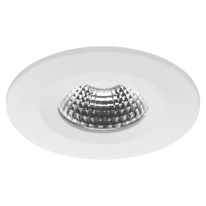 Brumberg LED-Einbauleuchte rund - Ø x H: 8 x 3 cm, Weiß, Warmweiß, 1 Stk. - Nahaufnahme einer verspiegelten Deckenleuchte mit diamantförmigen Facetten, eingebettet in eine weiße Decke, die eine moderne und helle Beleuchtungslösung bietet.