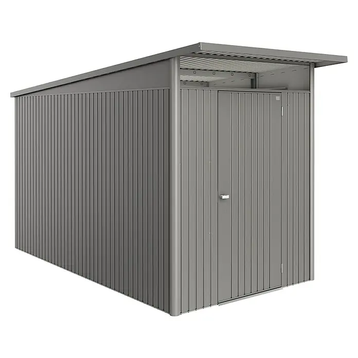 Biohort AvantGarde Gerätehaus Eco A4 - Außenmaß inkl. Dachüberstand (B x T): 180 x 380 cm, Quarzgrau Metallic, Einzeltür, Stahl - Stabile Metall-Fahrradbox für sichere Aufbewahrung im Freien. Die Box ist wetterfest und abschließbar, ideal für Fahrräder oder Gartengeräte.