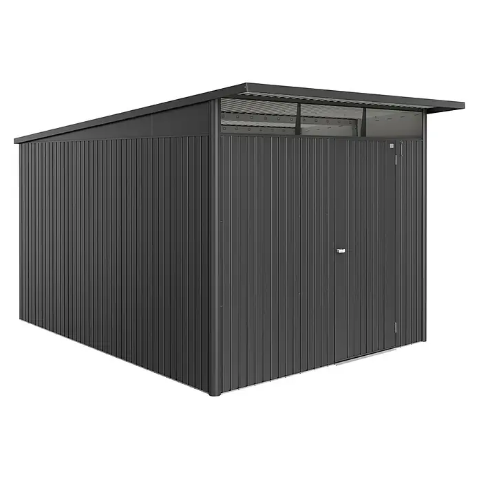 Biohort AvantGarde Gerätehaus - Außenmaß inkl. Dachüberstand (B x T): 260 x 380 cm, Dunkelgrau Metallic, Einzeltür, Stahl - Abbildung eines geräumigen, modernen Metallgartenhauses in dunklem Anthrazit mit praktischer Tür. Ideal für die sichere Aufbewahrung von Gartengeräten.