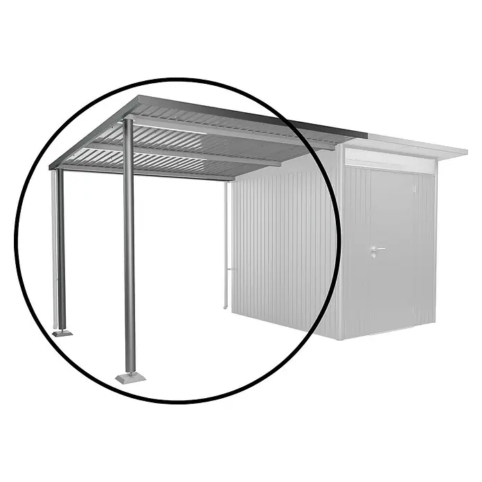 Biohort AvantGarde Seitendach - Passend für: Biohort AvantGarde Gerätehaus A2, A6, L x B x H: 260 x 243 x 218 cm, Quarzgrau-Metallic, Stahl - Produktansicht eines Carports aus Metall, der an ein Gebäude angebaut ist. Er bietet Schutz für Fahrzeuge und andere Gegenstände.