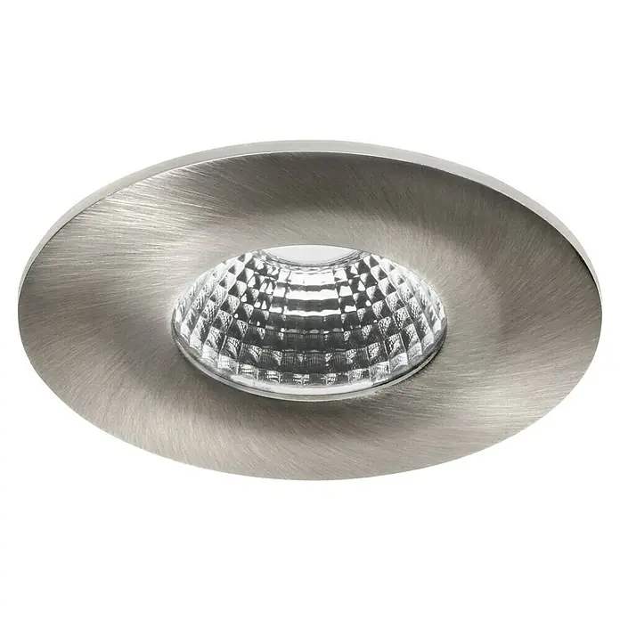 Brumberg LED-Einbauleuchte rund - Ø x H: 8 x 3 cm, Nickel, Warmweiß, 1 Stk. - Nahaufnahme einer runden, gebürsteten Metalleinbauleuchte mit einer facettierten Glasabdeckung, die ein helles, blendfreies Licht erzeugt.