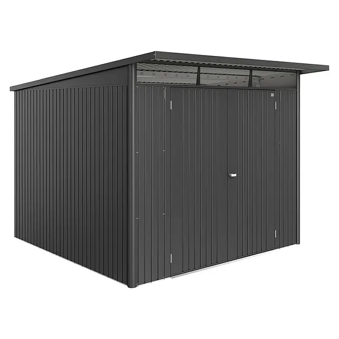 Biohort AvantGarde Gerätehaus - Außenmaß inkl. Dachüberstand (B x T): 260 x 300 cm, Dunkelgrau Metallic, Doppeltür, Stahl - Das Bild zeigt ein modernes Gerätehaus mit einem dunklen, schrägen Dach und vertikalen Wandpaneelen. Es ist minimalistisch und funktional gestaltet.