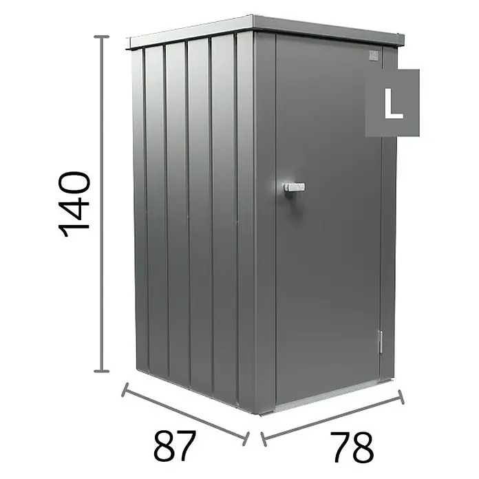 Biohort Julia Geräteschrank - Außenbreite inkl. Dachüberstand: 78 cm, Außentiefe inkl. Dachüberstand: 87 cm, Stahl, Dunkelgrau Metallic - Abbildung eines grauen Geräteschranks mit den Maßen 140 cm Höhe, 87 cm Breite und 78 cm Tiefe für den Außenbereich.