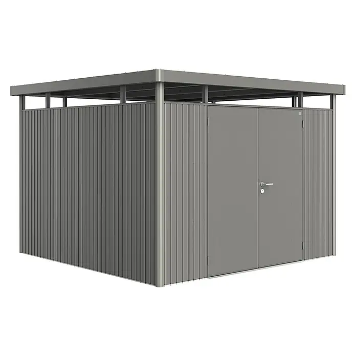 Biohort HighLine Gerätehaus - Quarzgrau-Metallic, Art Tür: Doppeltür, Außenmaß inkl. Dachüberstand (B x T): 314 x 314 cm, Stahl - Modernes Gerätehaus aus Metall in Grau mit Doppeltür und durchdachtem Design für den Garten oder Hof. Praktische Aufbewahrungslösung.