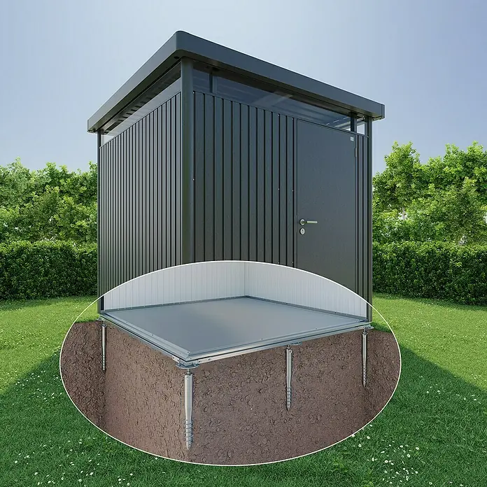 Biohort SmartBase PLUS Schraubfundament - Aluminium, Passend für: Biohort Geräteschrank 190 Large - Abbildung eines modernen, schwarzen Gerätehauses mit einem Fundament, das mit Schraubfundamenten im Boden verankert ist.