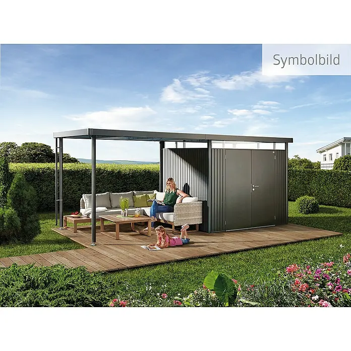 Biohort HighLine Gerätehaus - Dunkelgrau-Metallic, Art Tür: Einzeltür, Außenmaß inkl. Dachüberstand (B x T): 314 x 314 cm, Stahl - Gartenhaus mit Terrasse: Entspannen Sie im Freien mit Stil. Das elegante Design bietet Komfort und Schutz für Ihre Gartenmöbel und Aktivitäten.