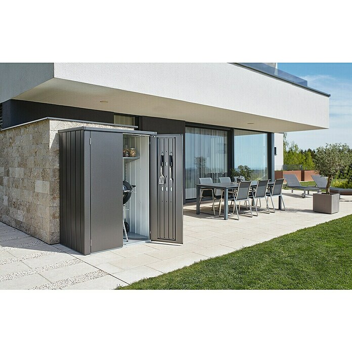 Biohort Romeo Gerätehaus Gr. L High (Außenmaß inkl. Dachüberstand (B x T): 132 x 87 cm, Stahl, Dunkelgra‑Metallic) | BAUHAUS